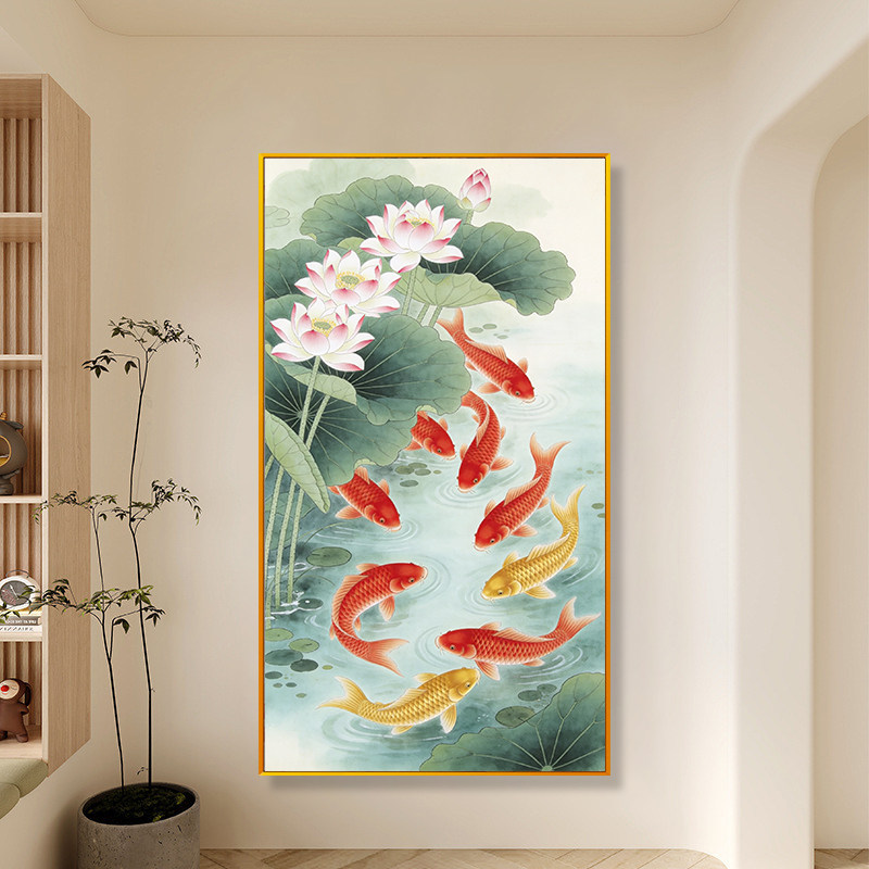 夏日荷塘九鱼图十字绣满绣2026新款荷花入户玄关大尺寸手工绣线绣