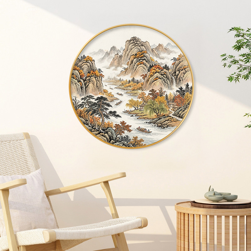 古风山水风景十字绣满绣2026新款流水生财圆形小件房间装饰手工绣