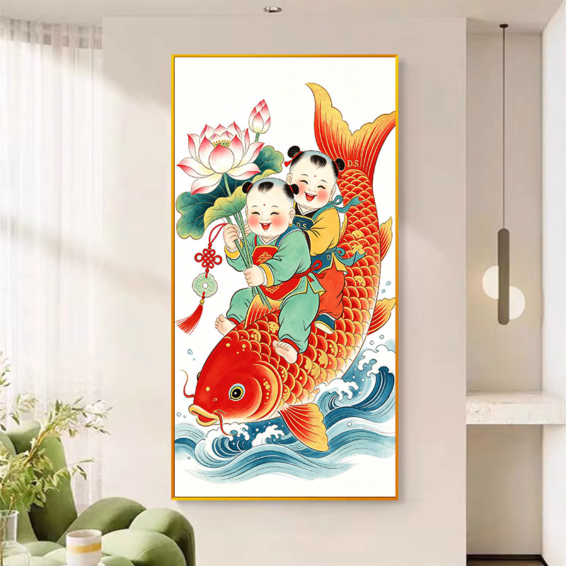 中式传统童子鲤鱼跃龙门十字绣满绣2026新款吉祥如意玄关墙壁线绣