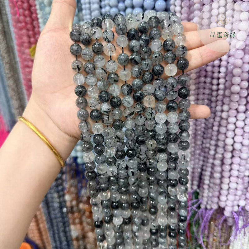 天然A级黑发晶水晶圆珠散珠diy