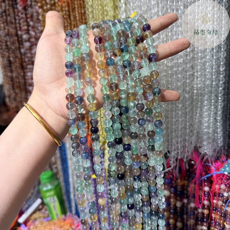 天然A级彩萤石紫萤散珠圆珠半成品diy手工串珠手链项链材料配件