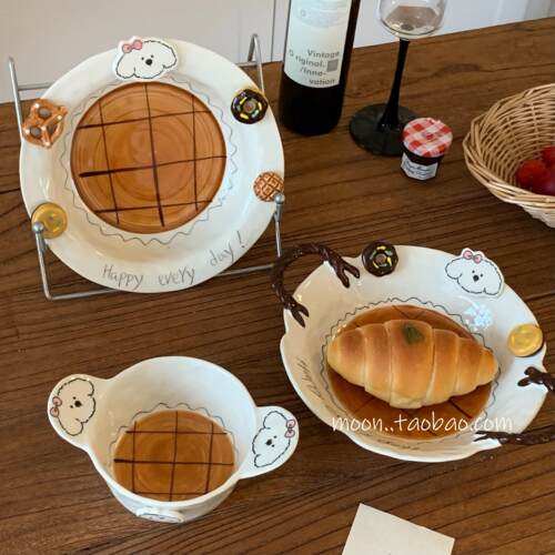 可爱小狗盘子陶瓷可爱家用餐具釉下彩深盘高颜值沙拉盘盘子饭碗碟