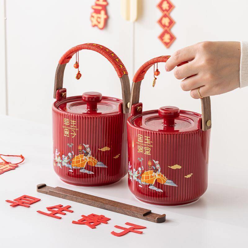 带盖子孙桶结婚用品女方娘家陪嫁嫁妆宝桶摆件红色陶瓷喜桶礼盒装