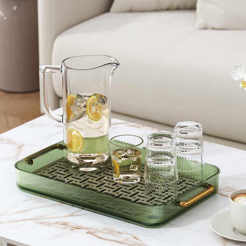 轻奢长方形收纳沥水盘塑料带把手托盘家用放茶杯水杯茶盘果盘平盘