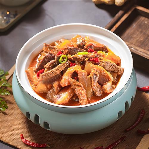 酒店饭厅中式陶瓷汤盘圆形干锅盘子带盖子蜡烛酒精加热保温明炉商