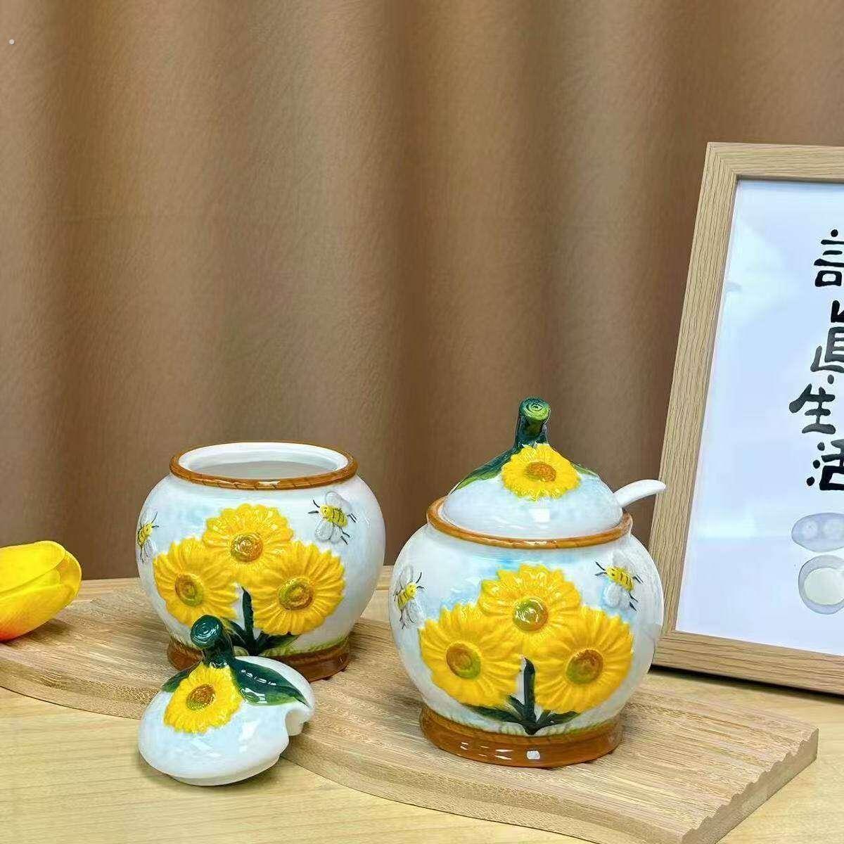 中式调味罐陶瓷新中式珐瑯瓷手绘釉下彩向日葵系列调味罐350毫升