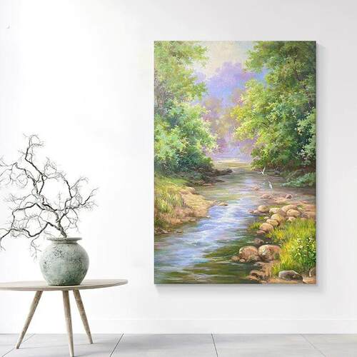 大芬油画村森林风景手绘装饰画客厅动态流水生财挂画玄关走廊壁画