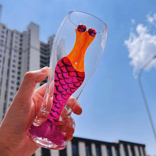 甄选创意美人鱼无铅水晶玻璃啤酒杯手绘玻璃杯收腰扎啤杯果汁杯饮