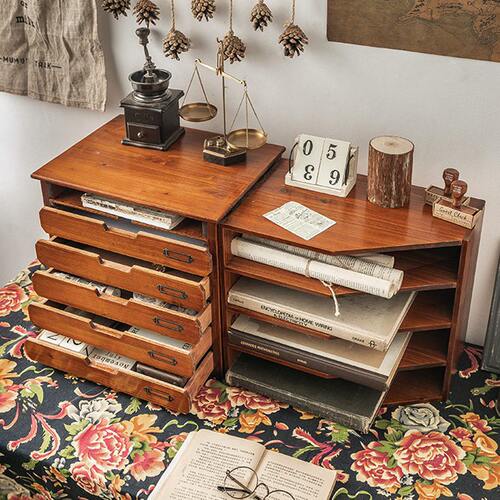 甄选公室桌面收纳盒工位文件柜木质抽屉置物架书桌a4档案手账整理