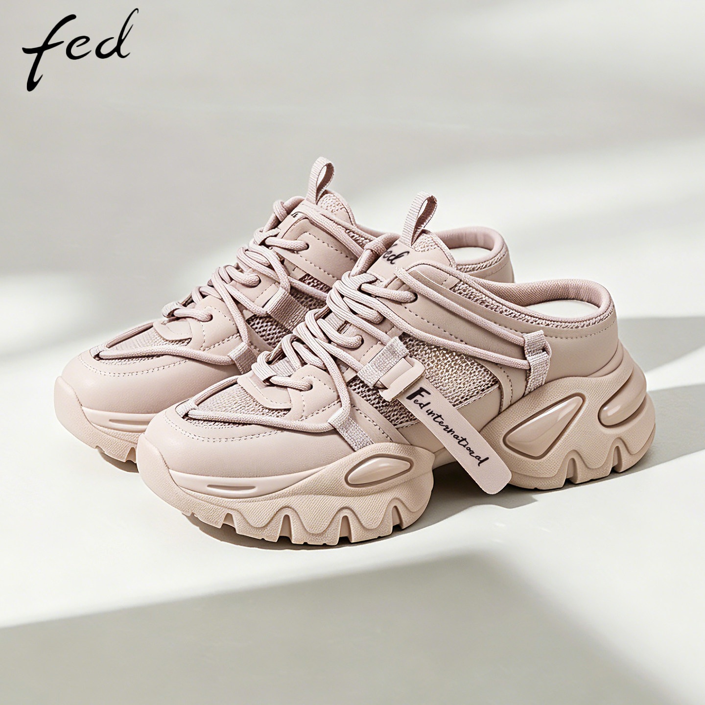 fed女款粉色厚底松糕穆勒鞋