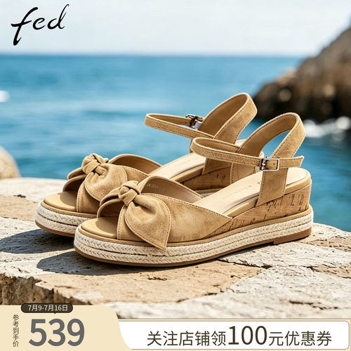fed反绒蝴蝶结坡跟女凉鞋