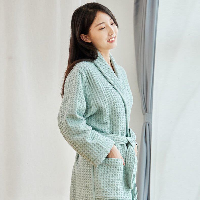 甄选秋冬全棉加厚双层蜂华夫格浴袍浴衣家居服睡袍吸水保暖女情侣