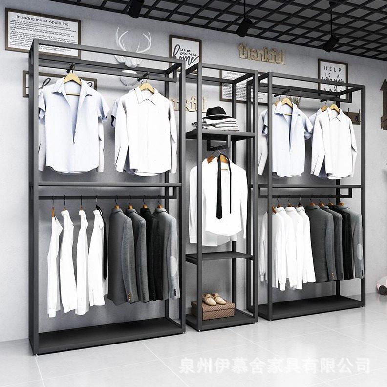 甄选服装店展示架装黑色双层货架落地式靠墙陈列挂衣架铁艺金属包