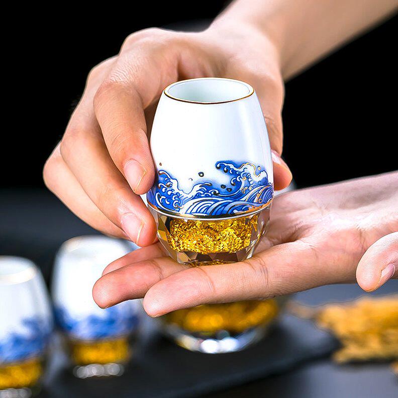 甄选金箔酒具中式青花黄釉陶瓷酒杯复古白酒杯分酒器档酒具礼盒