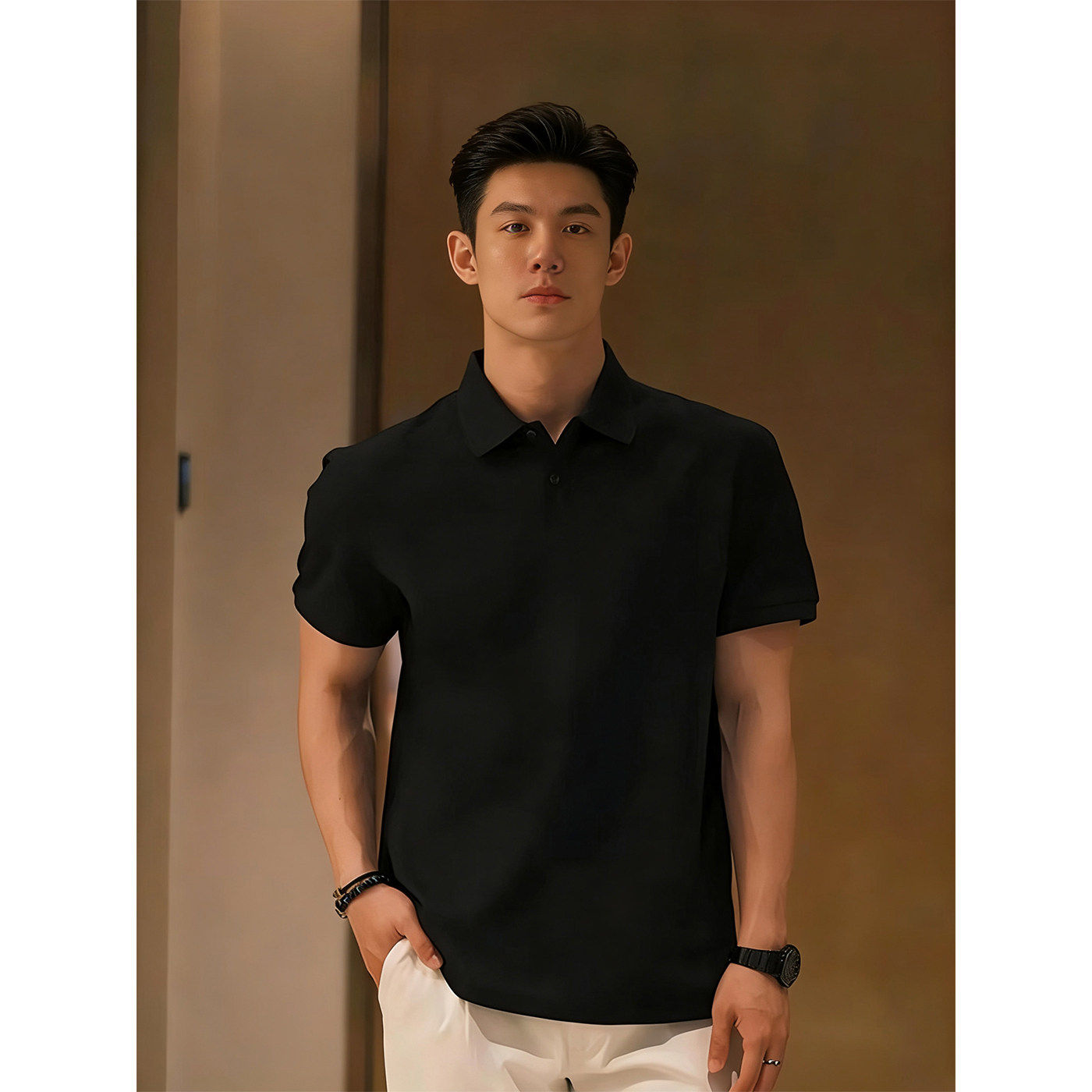 黑色短袖男款polo衫夏季 痞帅轻熟风成熟稳重男装重磅翻领正肩T恤