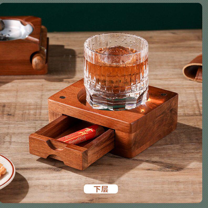 甄选美式复古雪茄烟灰缸威士忌杯托洋酒杯架公室带抽屉收纳烟缸摆