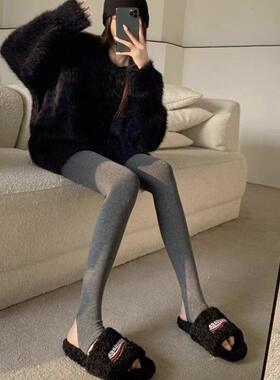 甄选秋冬加绒加厚打底裤女外穿显瘦竖条纹灰色保暖羊绒袜腰连裤袜