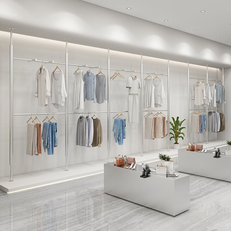 服装店展示架不锈钢银色上墙立柱男女装店陈列货架双层挂衣服架子