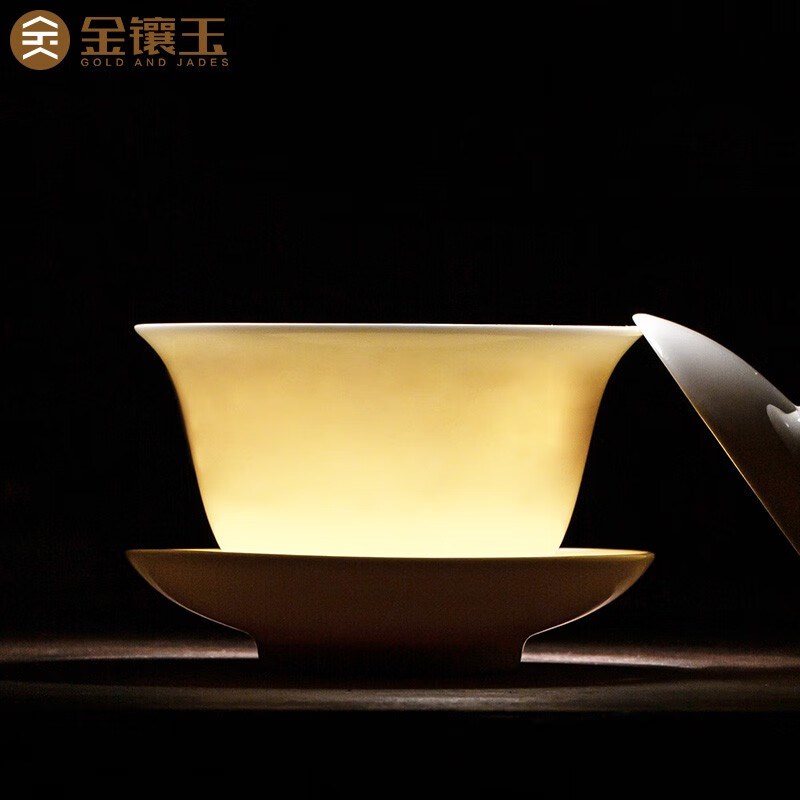 金镶玉羊脂玉瓷盖碗茶杯泡茶碗三才盖碗带盖子功夫茶具大号高档