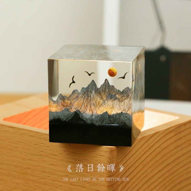 术立国风山川落日桌面摆件送外国友人水墨刻字创意古风生日礼品