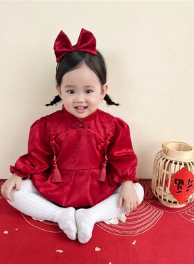 女宝宝周岁礼服秋冬季新款长袖包屁百日宴中式连体衣抓周红色国风