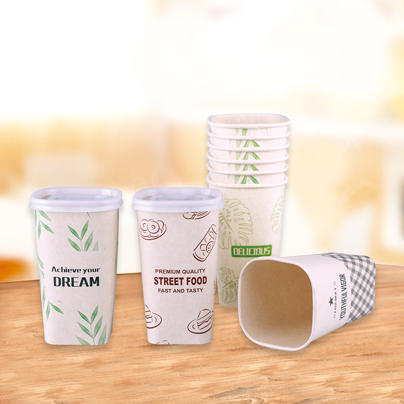一次性可降解方形纸杯咖啡豆浆杯加厚带盖外卖杯奶茶杯本色印刷