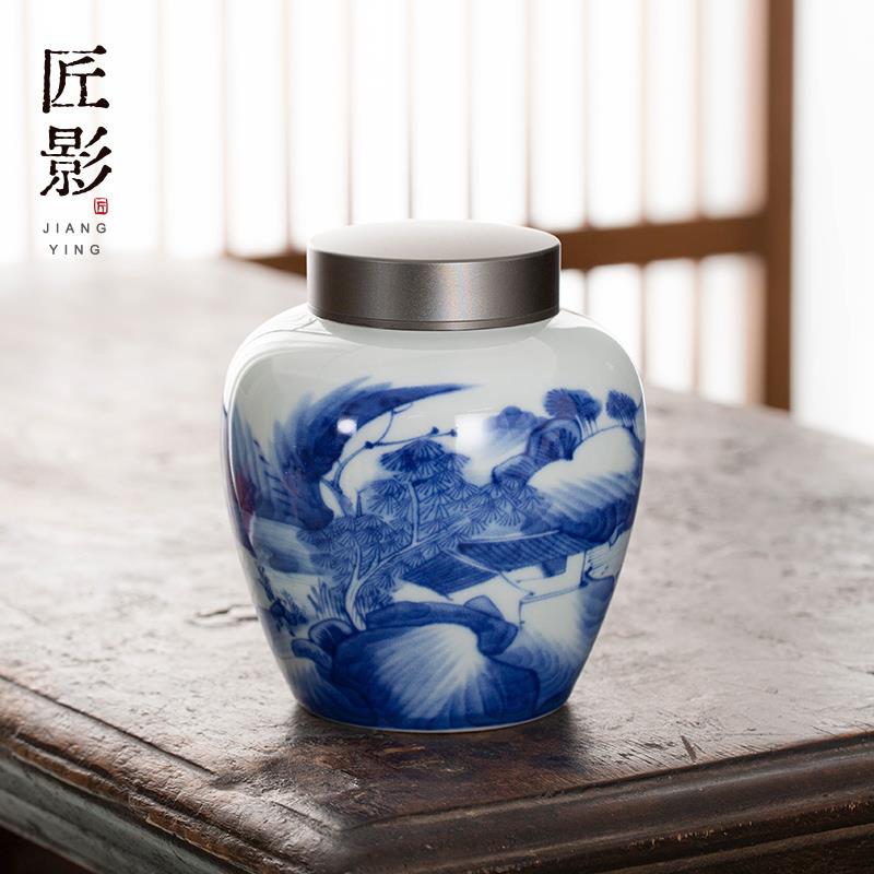 釉下青花瓷茶叶罐家用复古绿茶存储罐陶瓷密封罐竹盒装双罐礼盒装