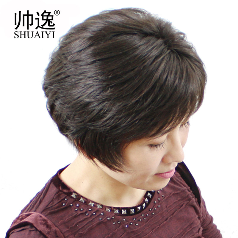送妈妈全手织整顶假发套真人发老人直发短发斜刘海中老年假发女士