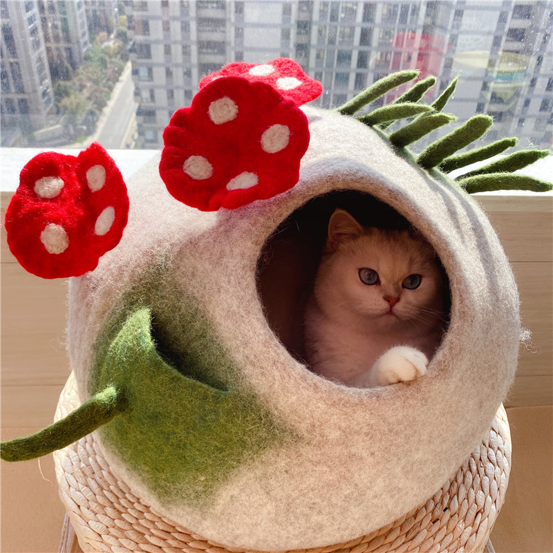 立体蘑菇纯手工制作羊毛猫窝蜜蜂花朵仙人掌保暖猫房子防风宠物窝