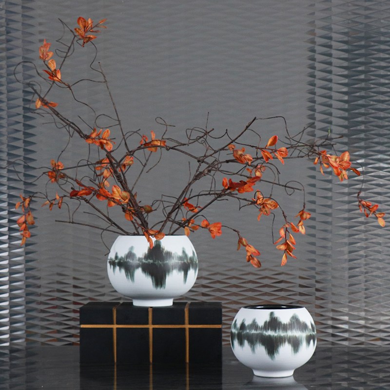 新中式水墨画陶瓷磨砂花瓶样板间客厅玄关中国风大口花钵花器摆件