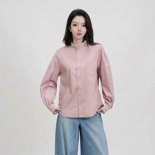 阿玛施早春新款高级感蕾丝边时尚宽松双面设计感衬衫530115