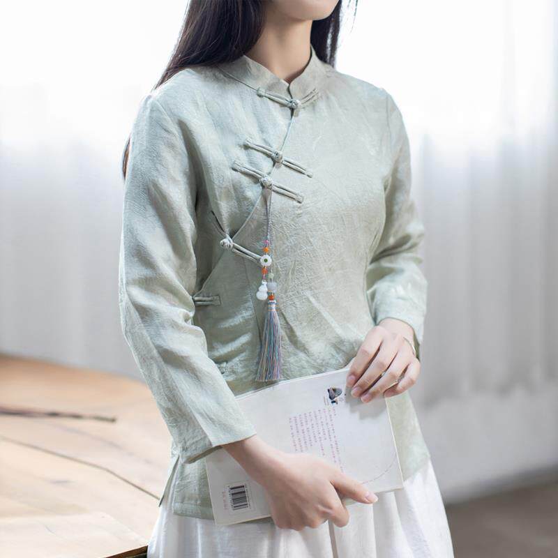 玉想子晴2 中式女装透气提花丝麻修身七分袖茶服国学日常旗袍上衣