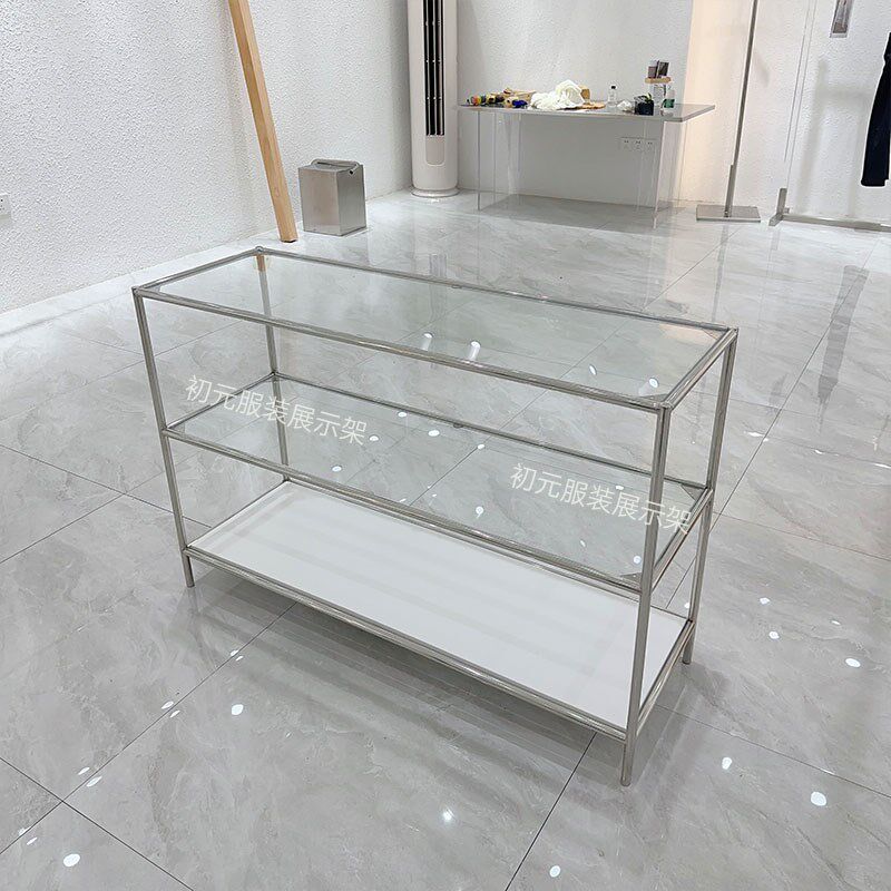 服装店中间摆放不锈钢中岛货柜钢化玻璃女装店鞋包饰品流水展示台