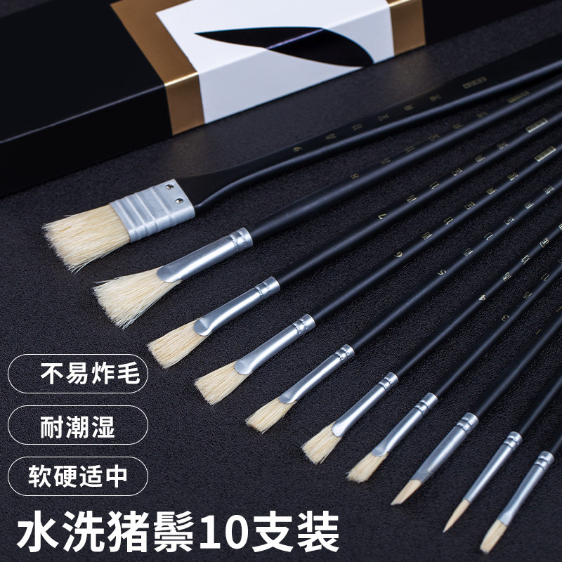 青竹流光白水粉画笔套装10支装扇形笔排笔丙烯大中小初学者学生用