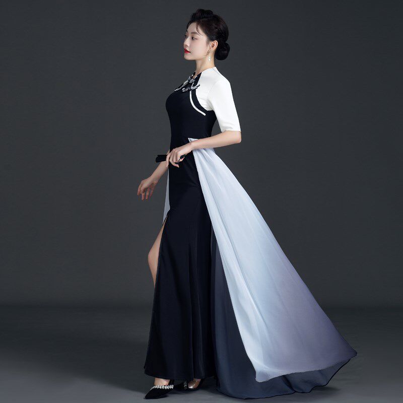 中国风黑色鱼尾开叉礼服旗袍模特队走秀高端气质演出服独奏民族服