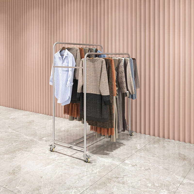 服装店双排中岛展示架童装不锈钢双杠带轮子双层女装店铺中间货架