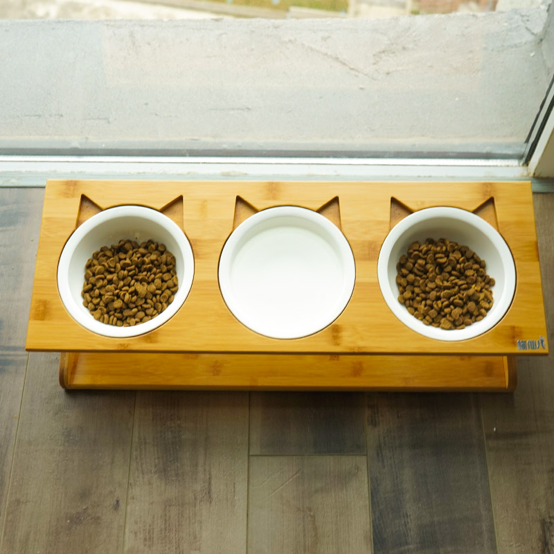 猫碗三碗 陶瓷猫碗 猫碗双碗 固定支架宠物猫咪餐桌碗架猫碗架子