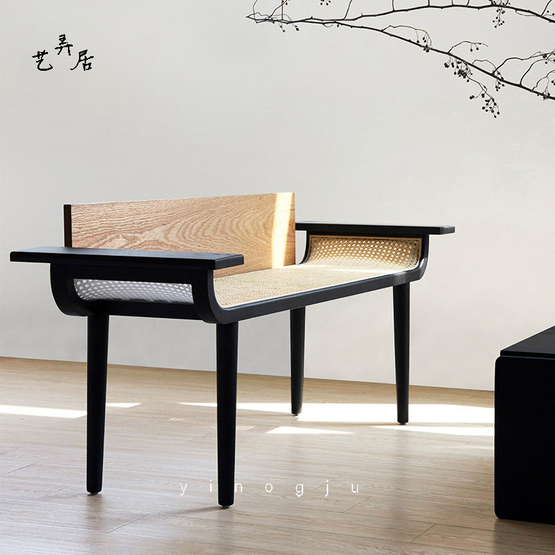 实木长椅复古长条凳藤工艺品家用门口换鞋凳入户藤编一体餐凳床尾