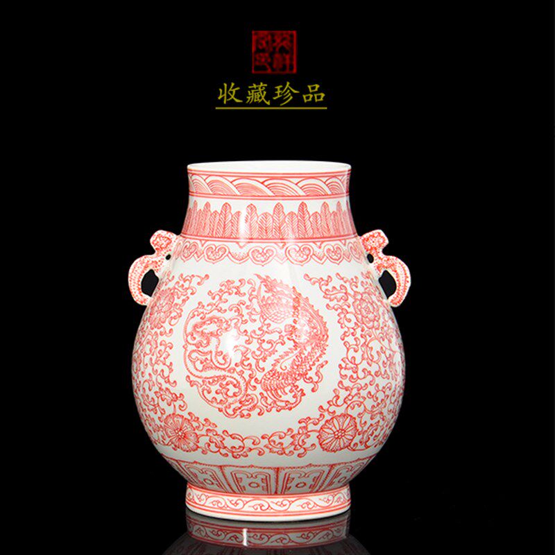 花瓶陶瓷器手绘釉里红缠枝莲福桶 景德镇赏瓶摆件 客厅复古装饰品