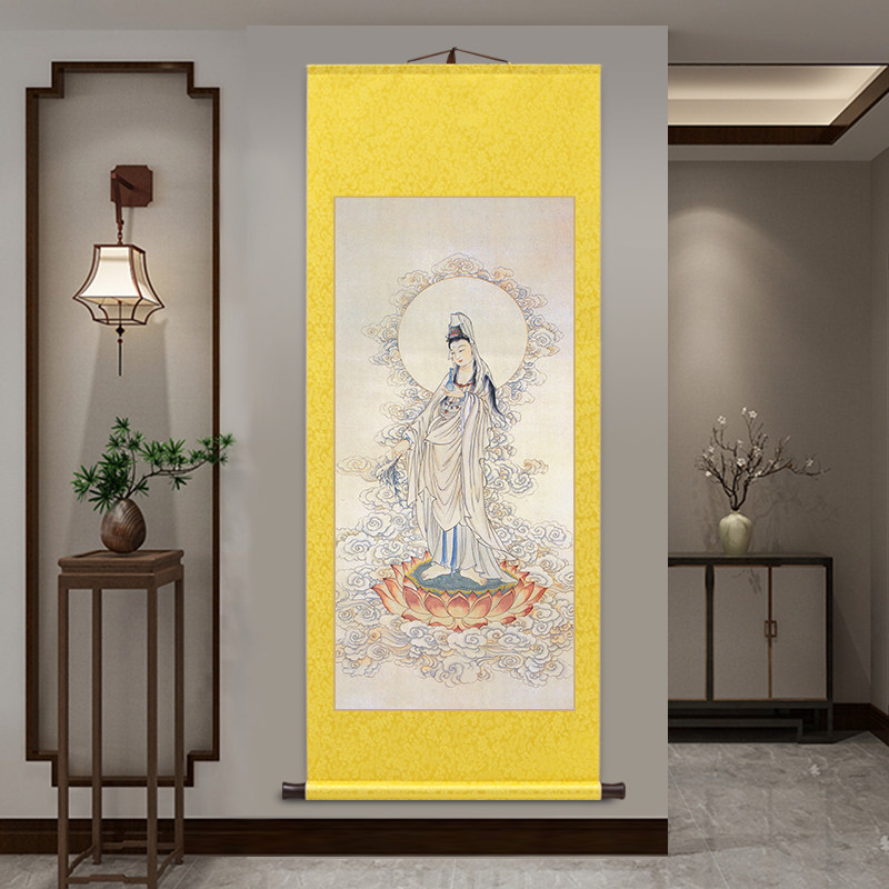 送子观音图卷轴挂画玄关画观世音娘娘画像新中式客厅装饰画中国风