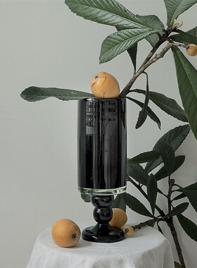 OOOOH法式中古高脚玻璃花瓶黑色复古插花水培摆件
