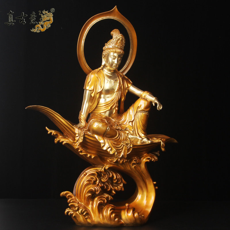 真古意黄铜观音菩萨佛像摆件观世音菩萨铜像自在观音家居供奉工艺