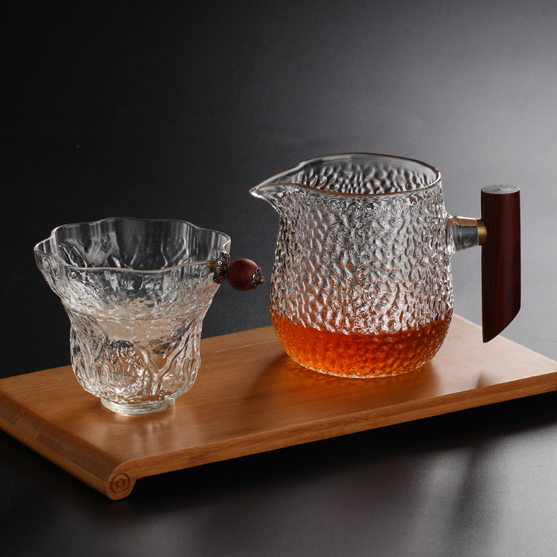 公道杯三件套带茶漏套装玻璃公杯锤纹分茶器耐热功夫茶具功道茶杯