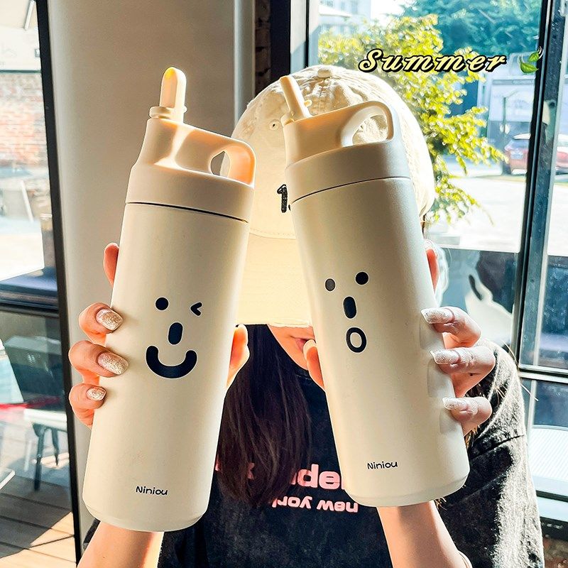 创意可爱小表情奶fufu保温杯女学生情侣吸管水杯简约磨砂随手杯子