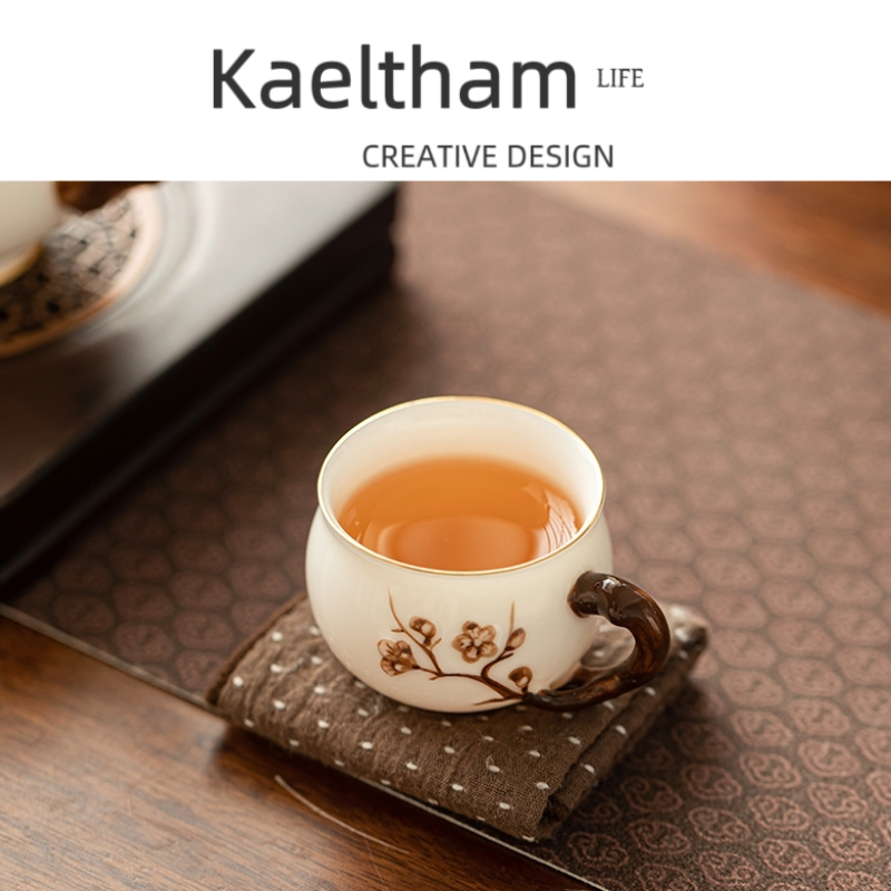 羊脂玉瓷浮雕梅花手把工夫茶杯