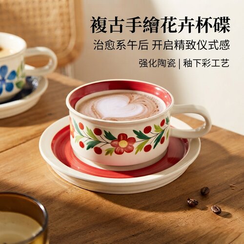 复古手绘花卉釉下彩咖啡杯碟礼盒