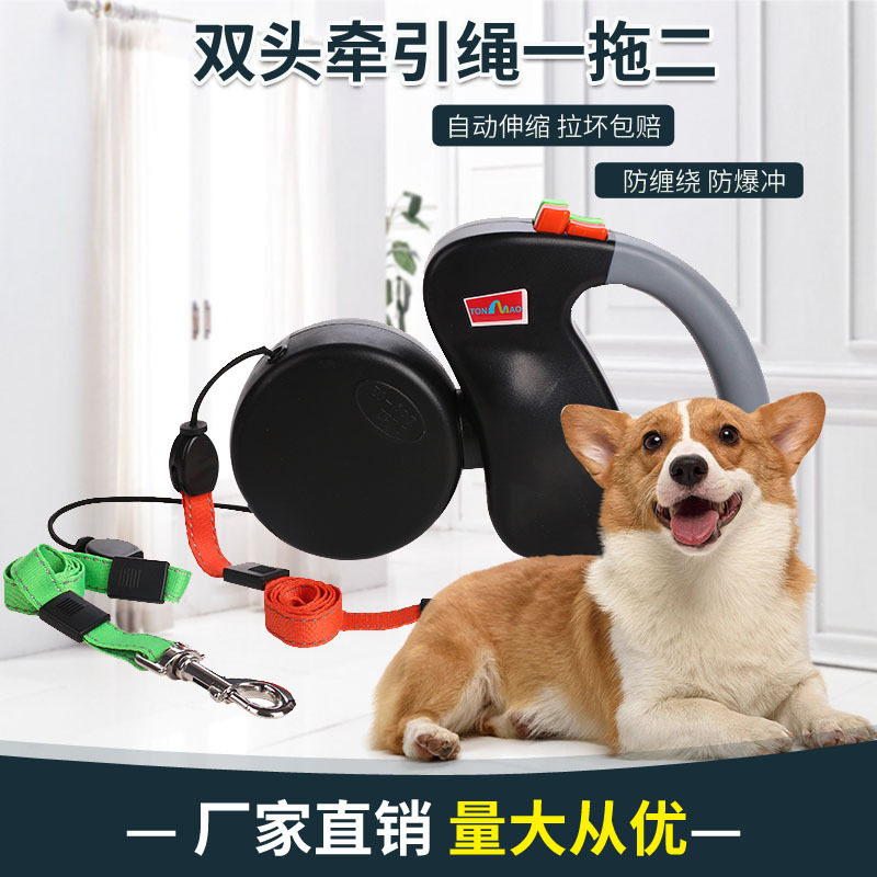 自动伸缩牵引绳一拖二双头创意遛狗绳宠物狗链子宠物用品狗绳子