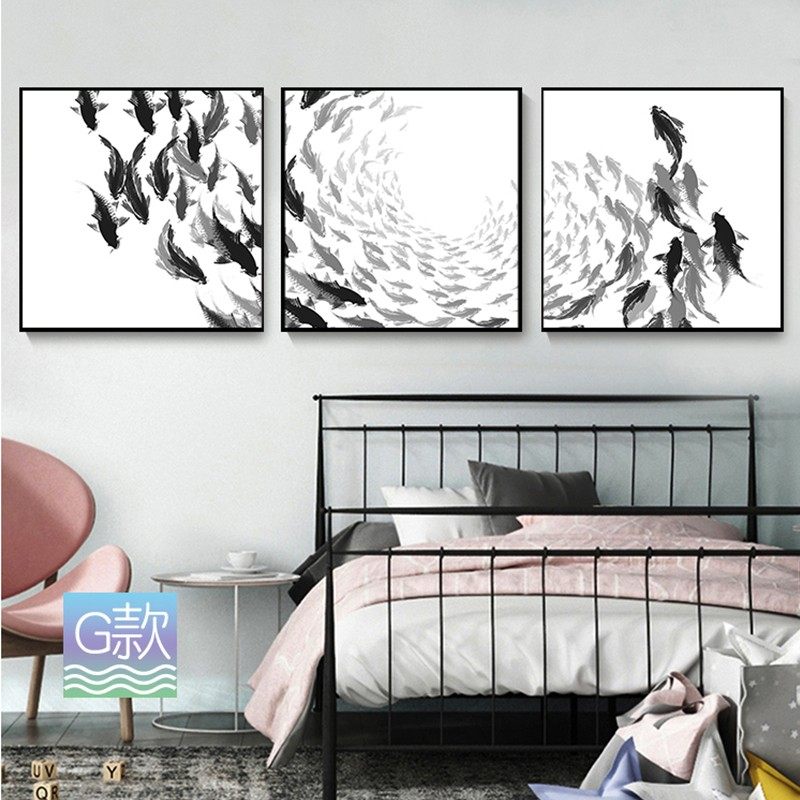 客厅装饰画鱼群挂画北欧抽象艺术壁画卧室床头三联画餐厅复古墙画