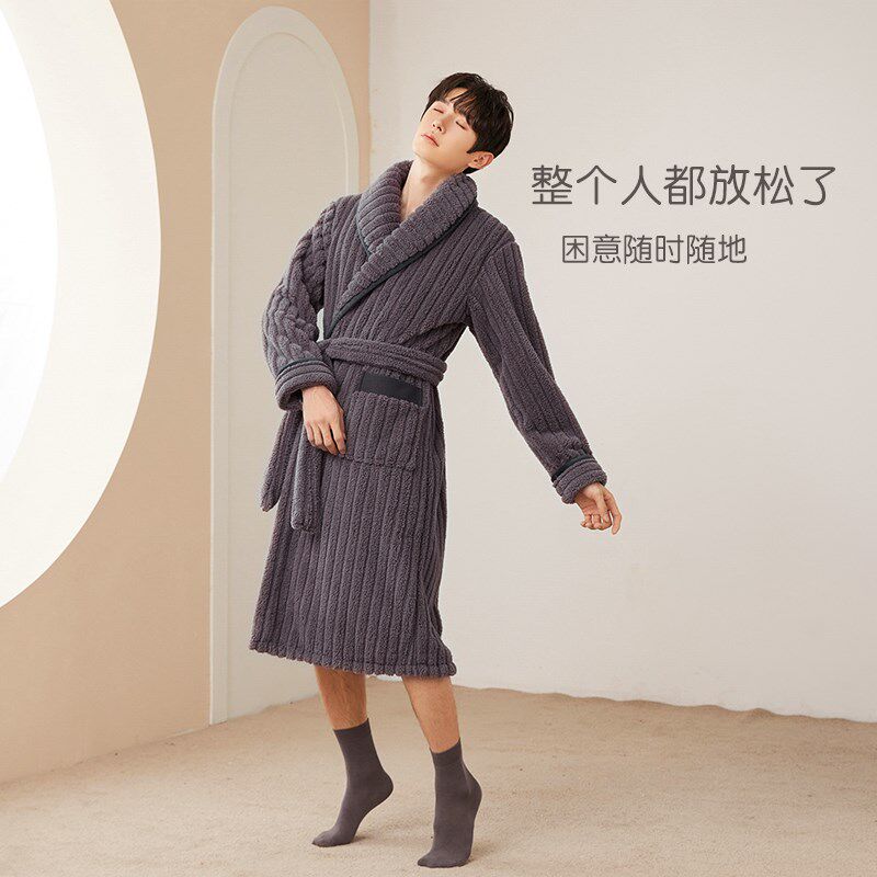 男冬款珊瑚绒睡袍保暖加绒加厚浴袍加长款法兰绒春季男士长袍睡衣