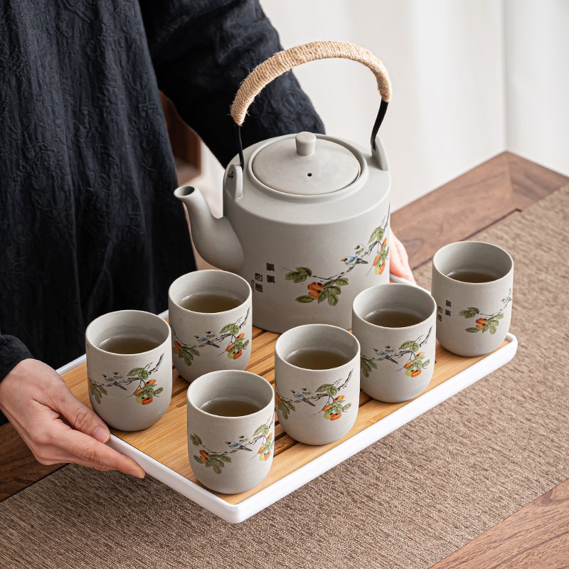 复古提梁壶茶具套装陶瓷家用酒店大号中式粗陶茶壶茶杯整套带过滤